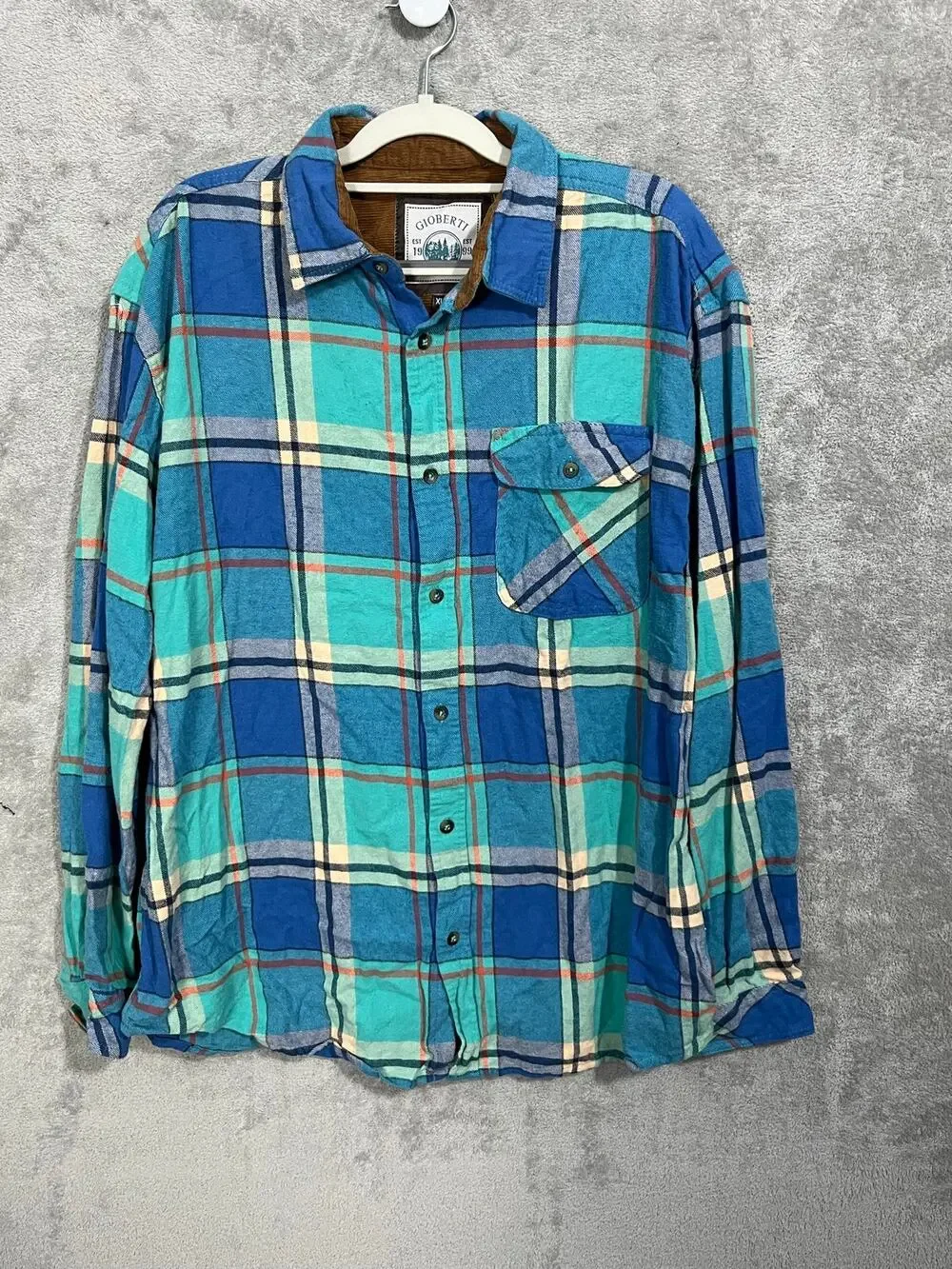 Gioberti Button Down Shirt Mens XL Blue Plaid Corduroy Trim Work Wear Cabin Core